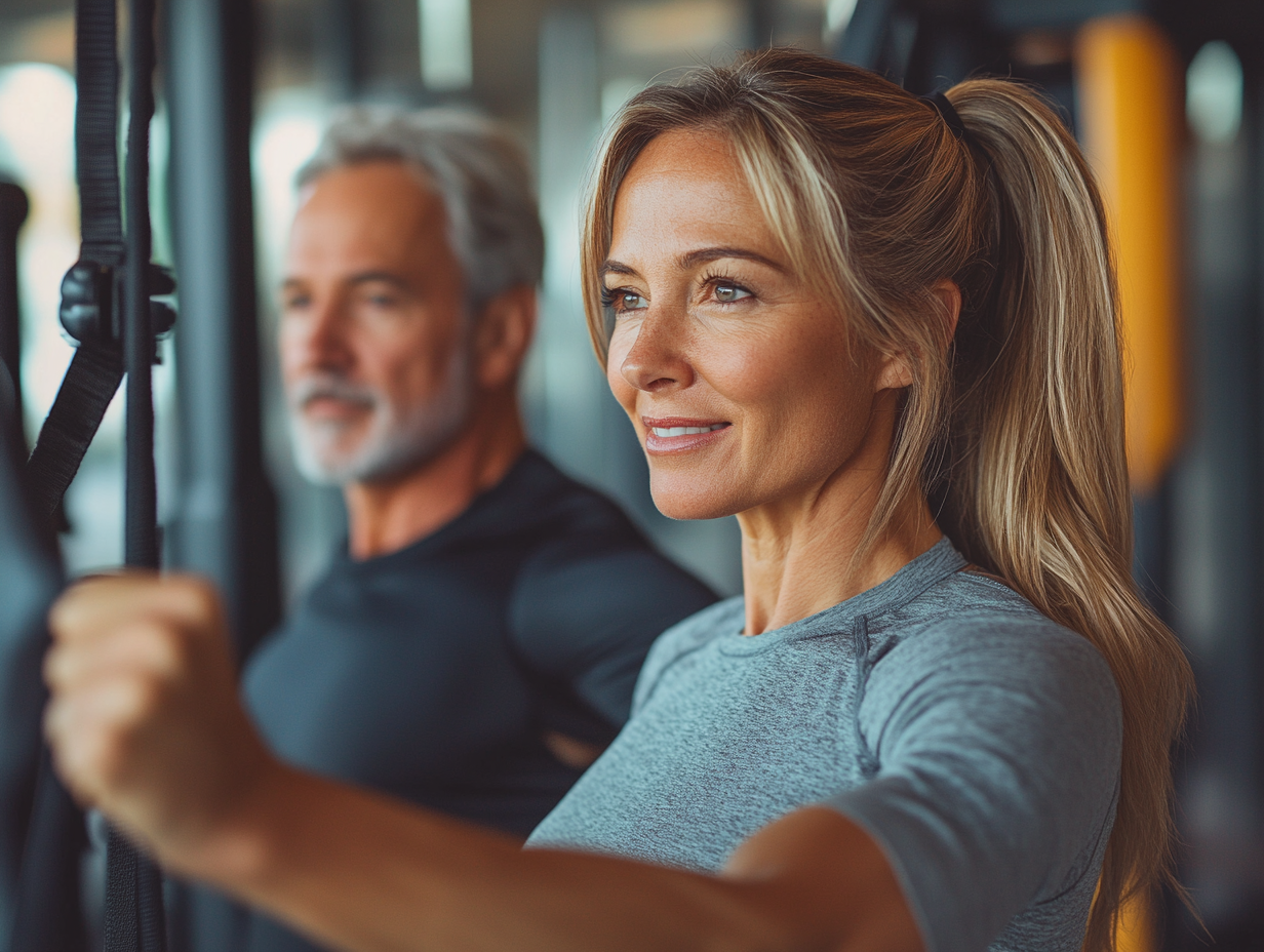 Тренер допомагає людині старшого віку виконувати вправу